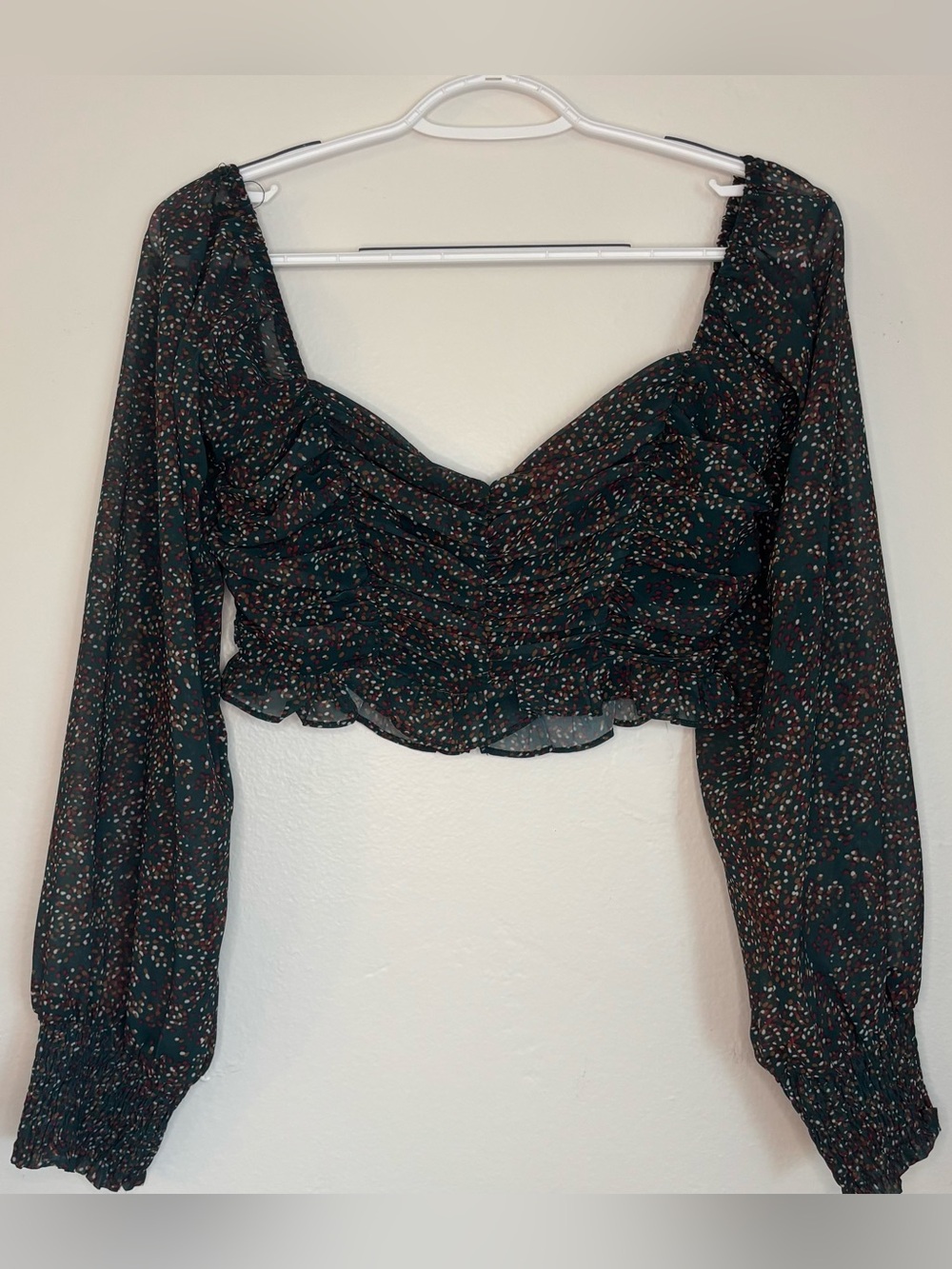 Storia Ruched Sweetheart Long Puff Sleeve Crop Blouse Top, Green Multi Dot, S
